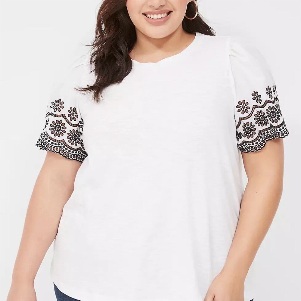 Lane Bryant T-Shirt Womens Plus Size 18W/20 White Puff Sleeve Eyelet